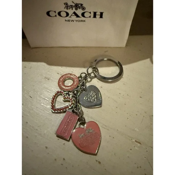 Vintage COACH Pink Pave Hearts Stars Swarovski Crystal Multi Charm Keychain Fob - Picture 2 of 5